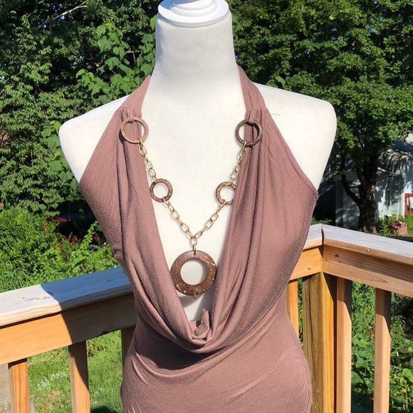 Drape front brown top with attached necklace - Picture 2 of 5